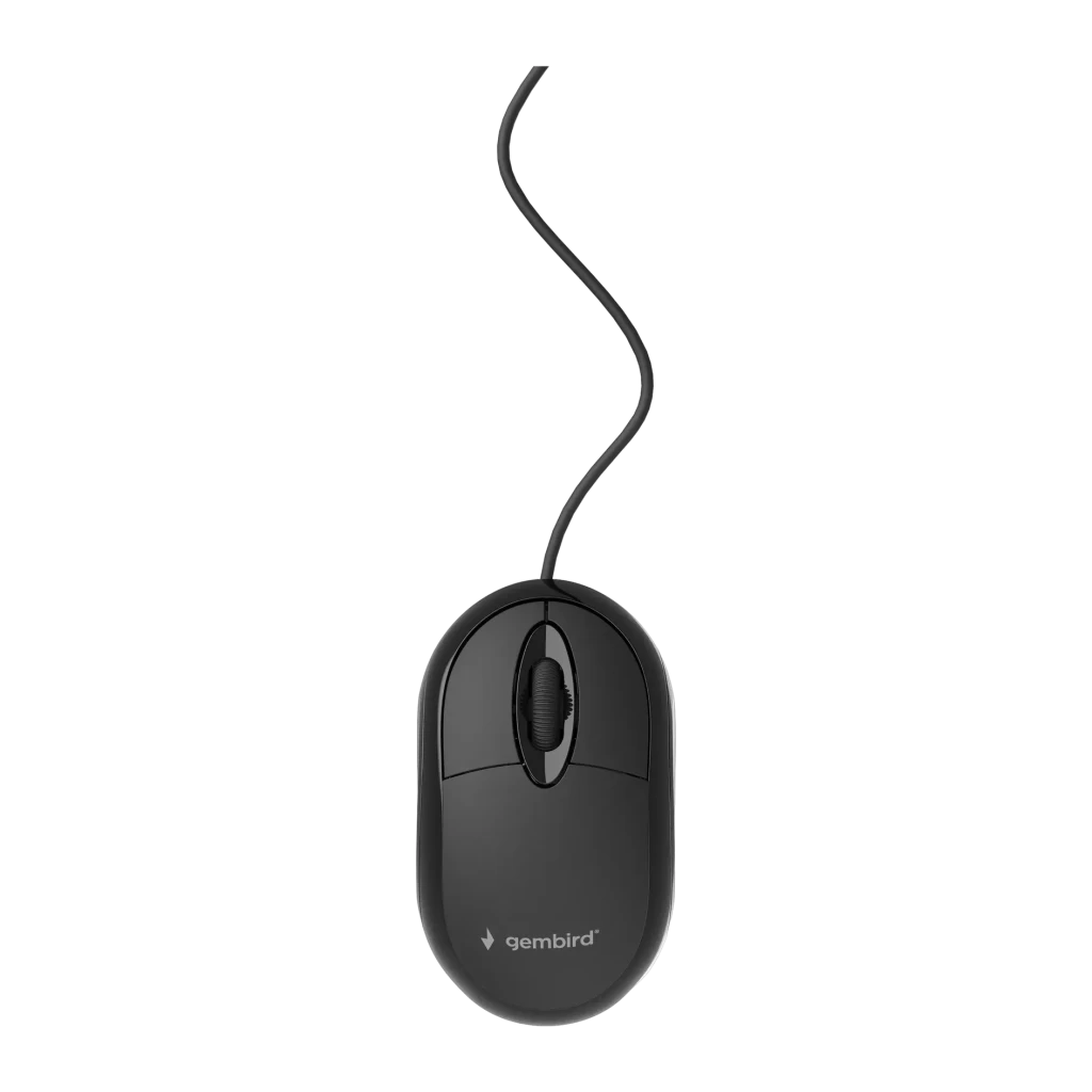 Souris Gembird Noir MUS-U-01, vue de dessus: corps compact avec molette de défilement et câble USB ondulé