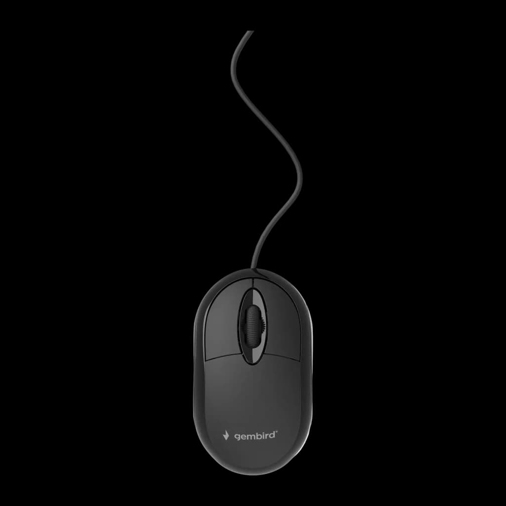 Rato Gembird Preto MUS-U-01, vista superior: corpo compacto com roda de scroll e cabo USB ondulado