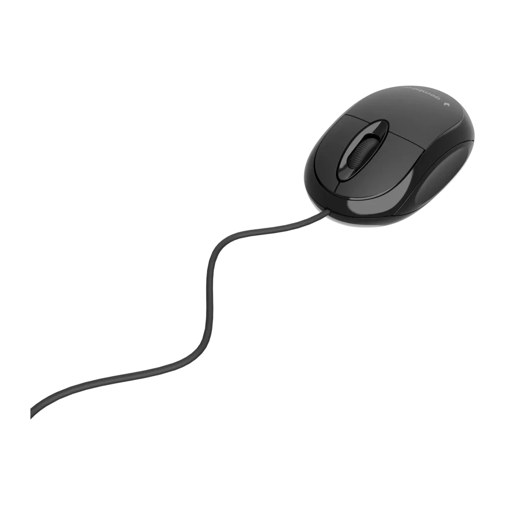 Souris Gembird Noir MUS-U-01, vue diagonale: corps compact avec molette centrale et câble USB visible