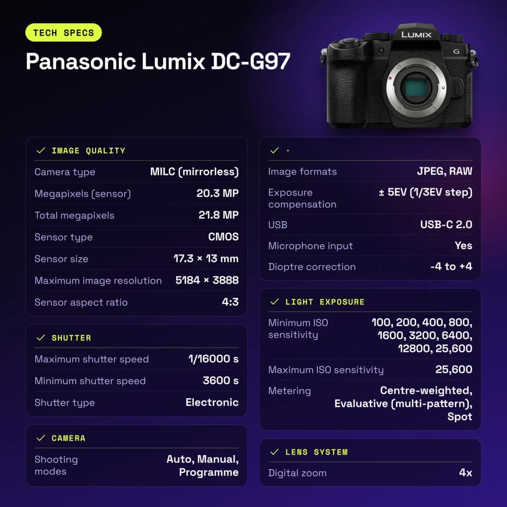 Appareil photo sans miroir Panasonic Lumix DC-G97 Noir CMOS Micro 4/3 4K 20,3MP - caractéristiques