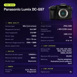 Appareil photo sans miroir Panasonic Lumix DC-G97 Noir CMOS Micro 4/3 4K 20,3MP - caractéristiques