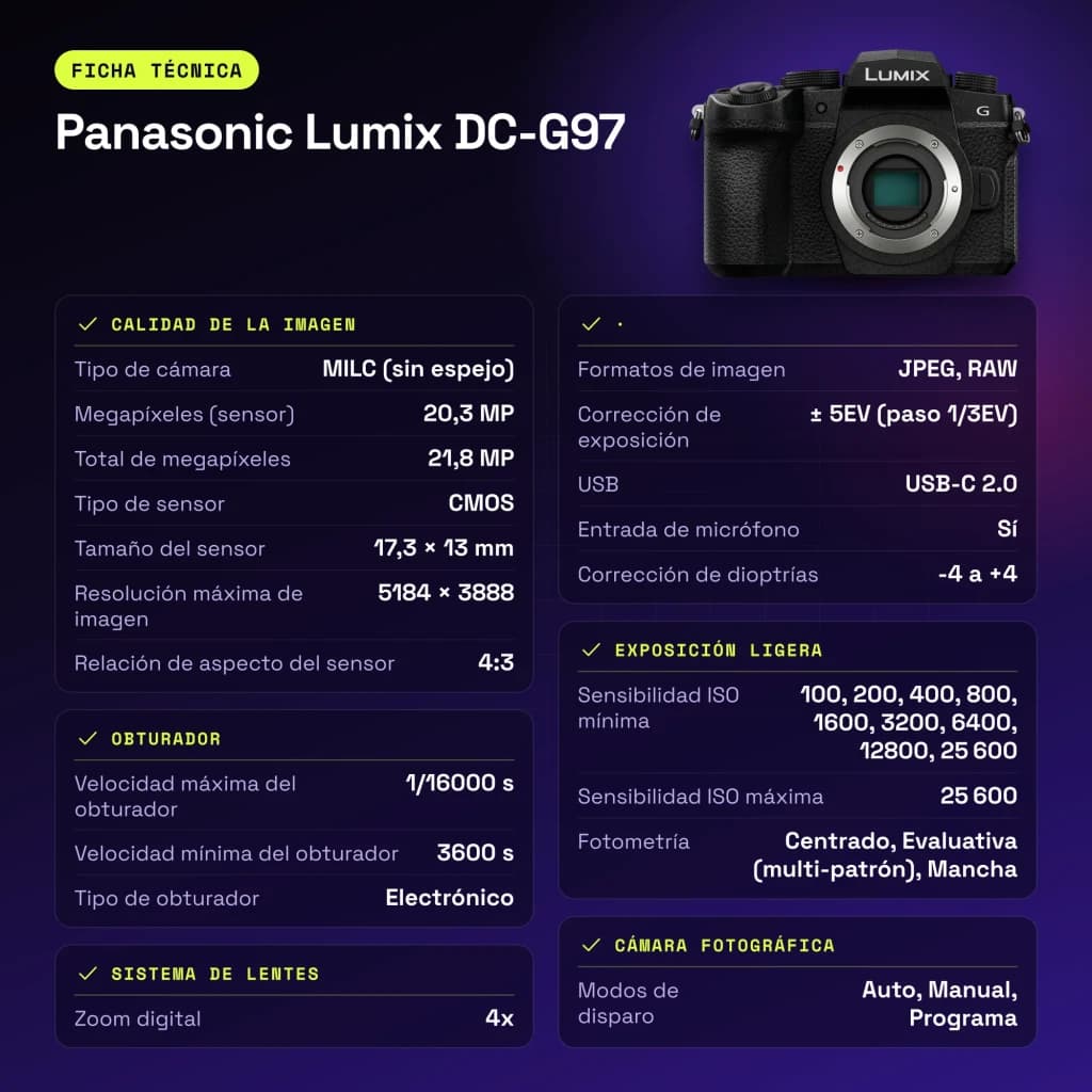 Appareil photo sans miroir Panasonic Lumix DC-G97 Noir CMOS Micro 4/3 4K 20,3MP - caractéristiques