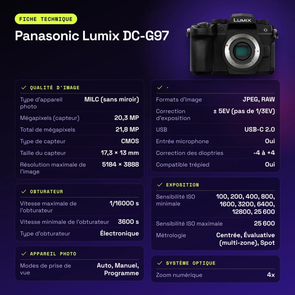 Appareil photo sans miroir Panasonic Lumix DC-G97 Noir CMOS Micro 4/3 4K 20,3MP - caractéristiques