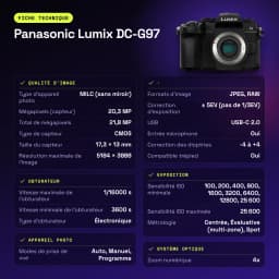 Appareil photo sans miroir Panasonic Lumix DC-G97 Noir CMOS Micro 4/3 4K 20,3MP - caractéristiques