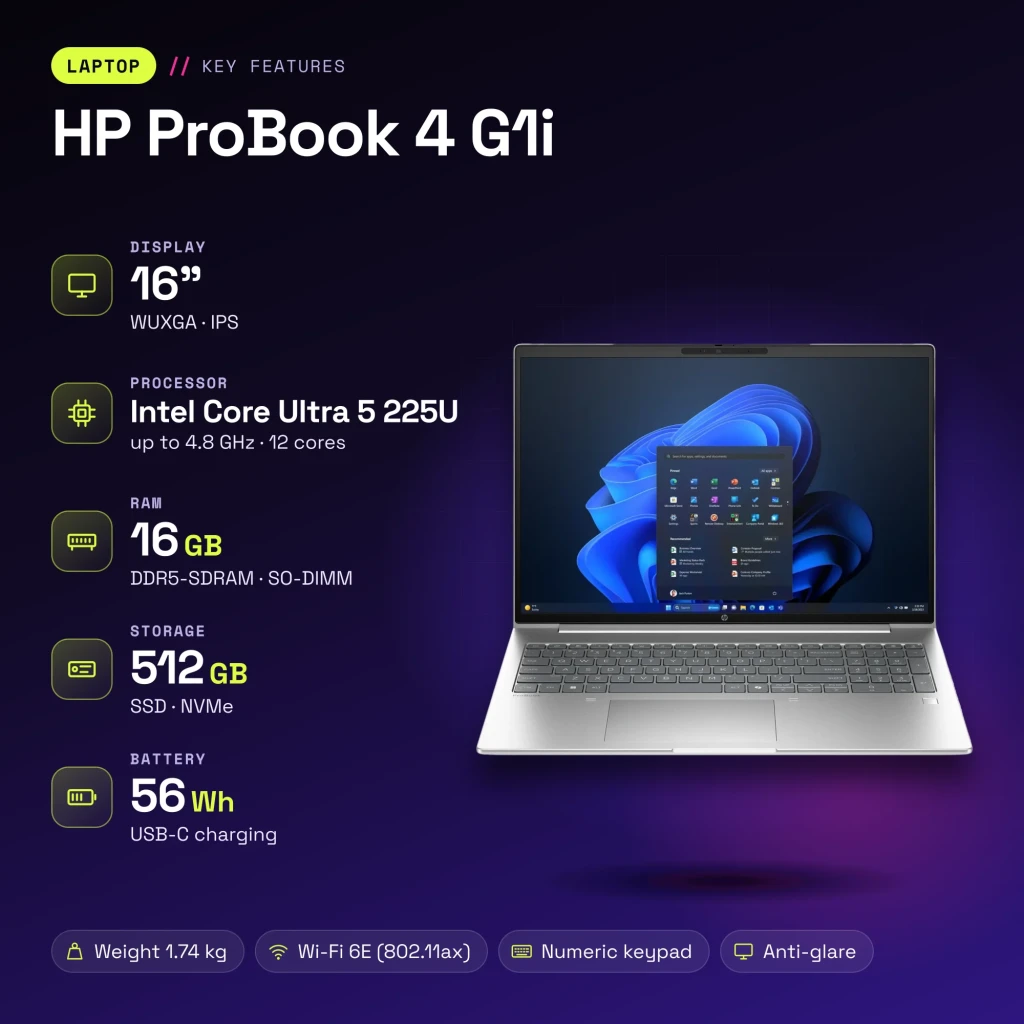 Portátil HP ProBook 4 G1i 16GB/512GB 16 polegadas IPS WUXGA Intel Core Ultra 5 225U SSD NVMe Windows 11 Pro Prata - características