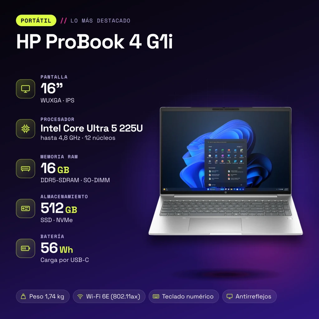 Portátil HP ProBook 4 G1i 16GB/512GB 16 polegadas IPS WUXGA Intel Core Ultra 5 225U SSD NVMe Windows 11 Pro Prata - características