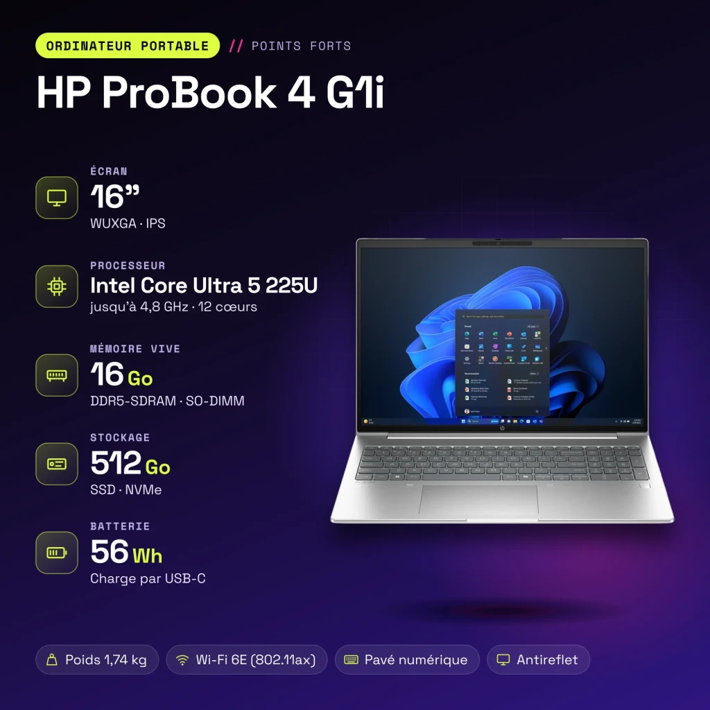 Portátil HP ProBook 4 G1i 16GB/512GB 16 polegadas IPS WUXGA Intel Core Ultra 5 225U SSD NVMe Windows 11 Pro Prata - características