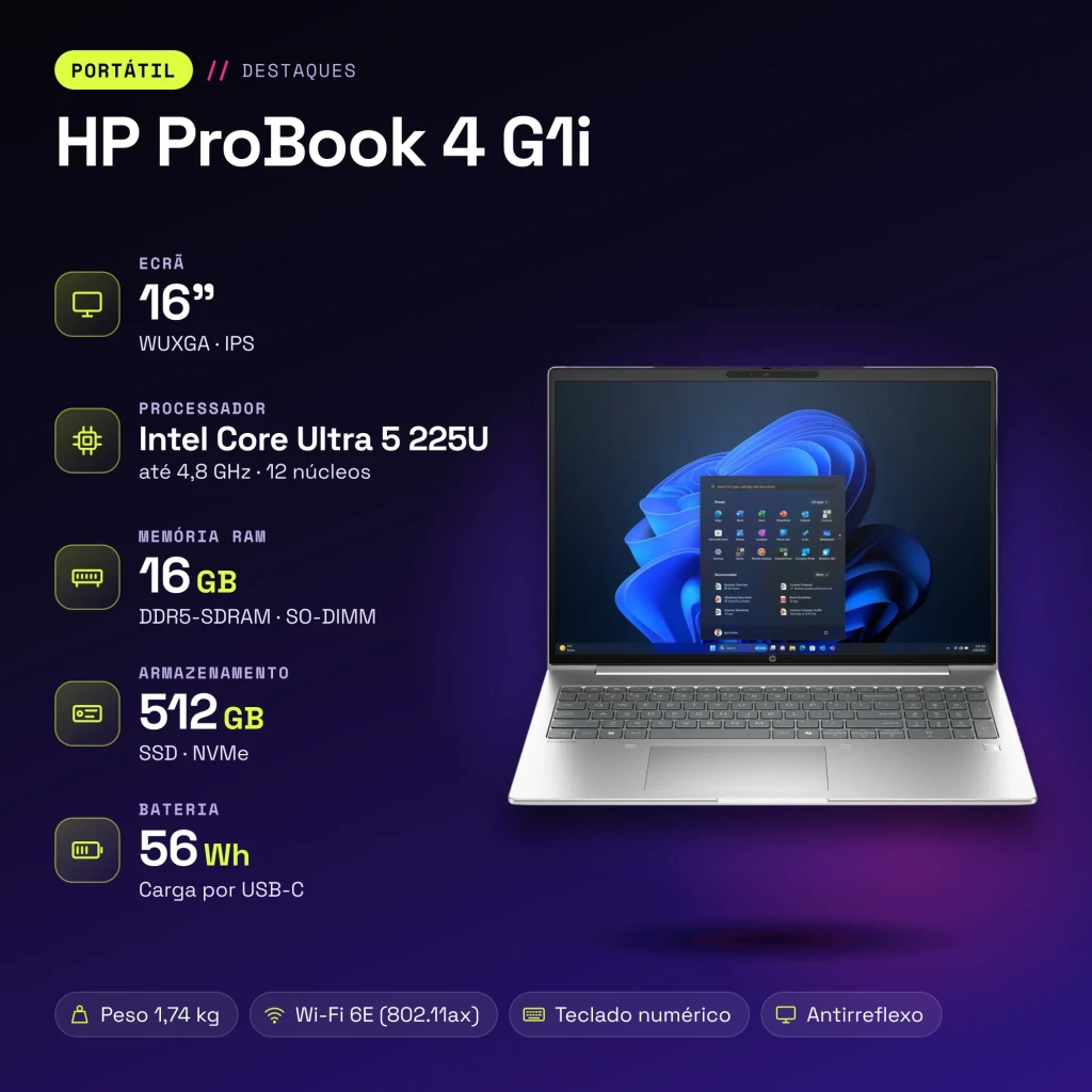 Portátil HP ProBook 4 G1i 16GB/512GB 16 polegadas IPS WUXGA Intel Core Ultra 5 225U SSD NVMe Windows 11 Pro Prata - características