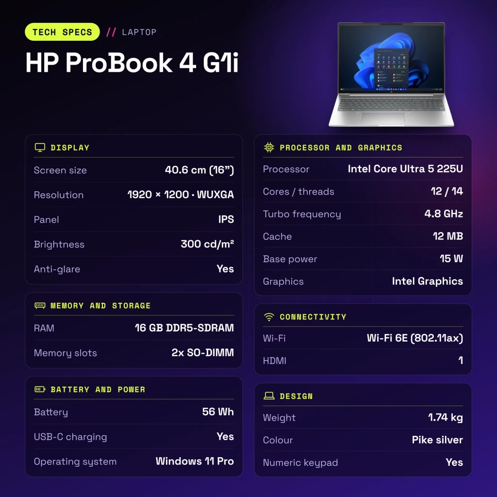 Portátil HP ProBook 4 G1i 16GB/512GB 16 polegadas IPS WUXGA Intel Core Ultra 5 225U SSD NVMe Windows 11 Pro Prata - características