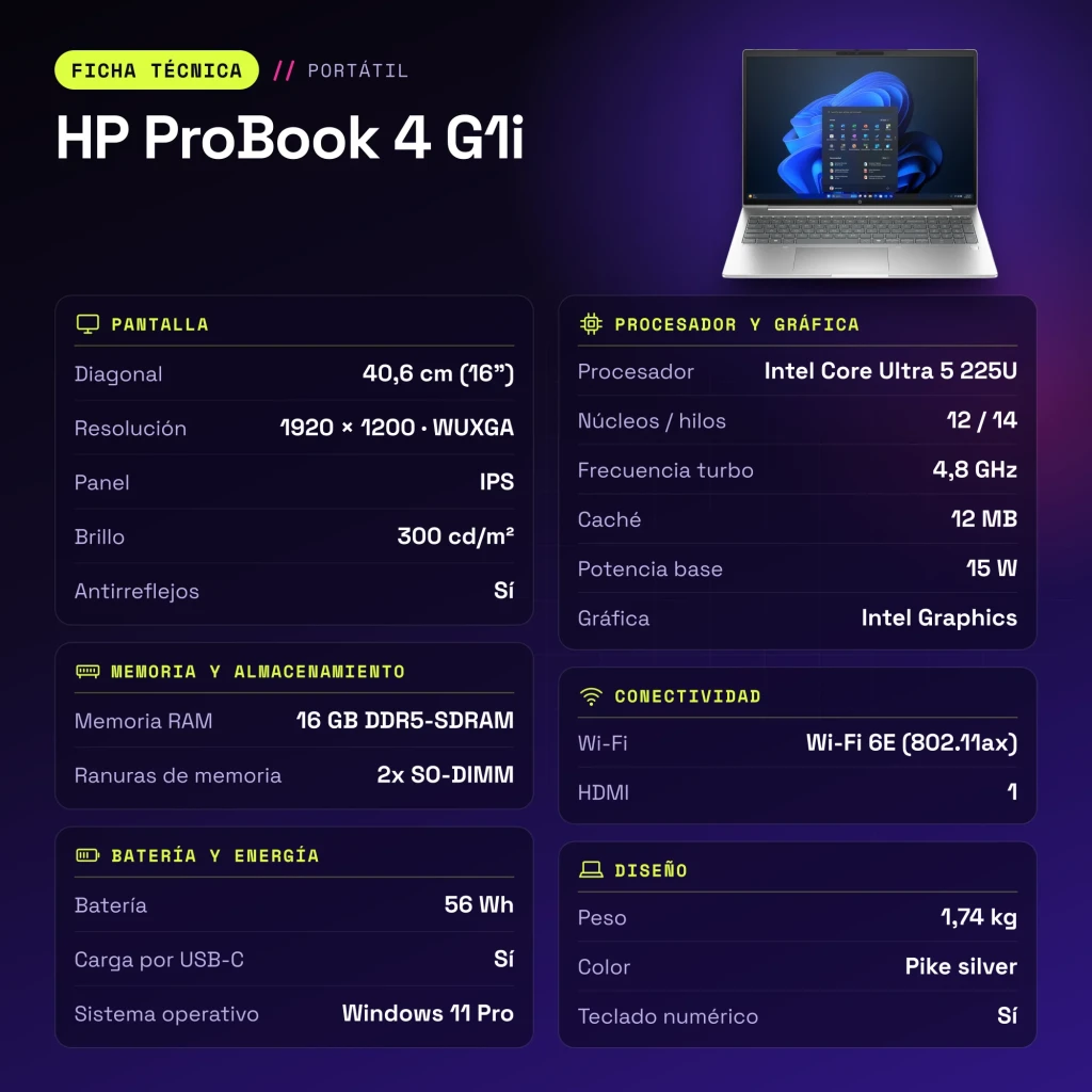 Portátil HP ProBook 4 G1i 16GB/512GB 16 polegadas IPS WUXGA Intel Core Ultra 5 225U SSD NVMe Windows 11 Pro Prata - características