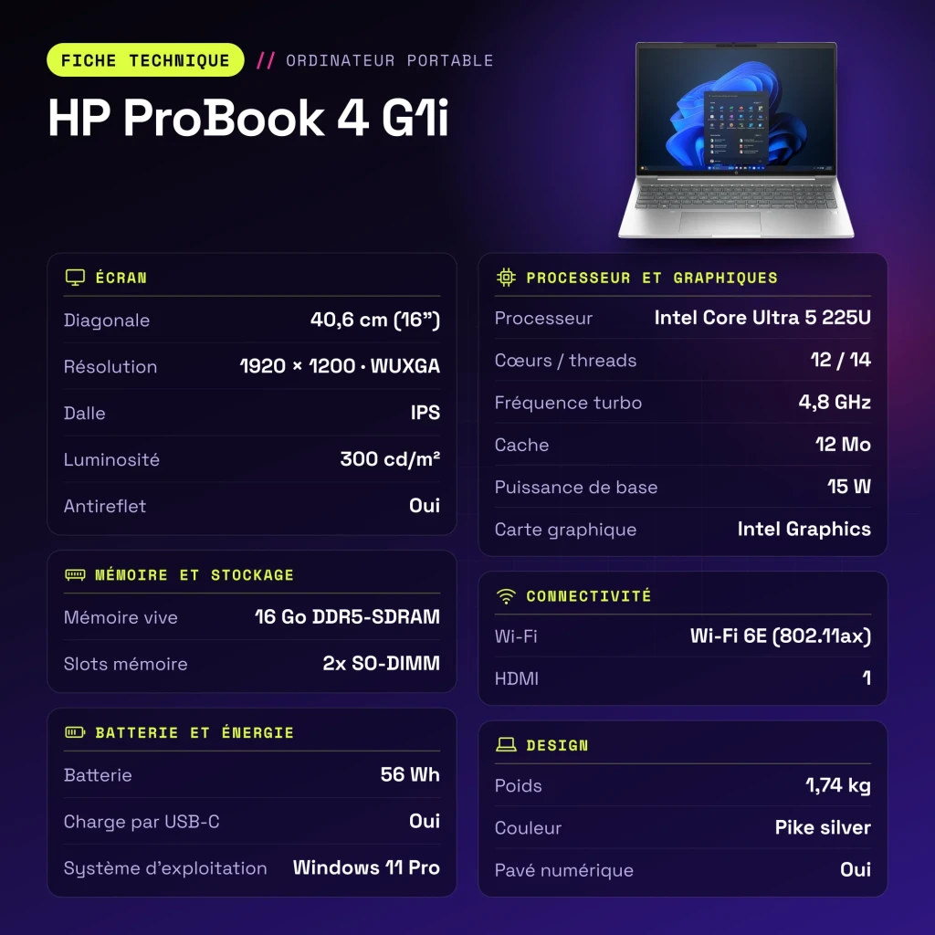 Portátil HP ProBook 4 G1i 16GB/512GB 16 polegadas IPS WUXGA Intel Core Ultra 5 225U SSD NVMe Windows 11 Pro Prata - características