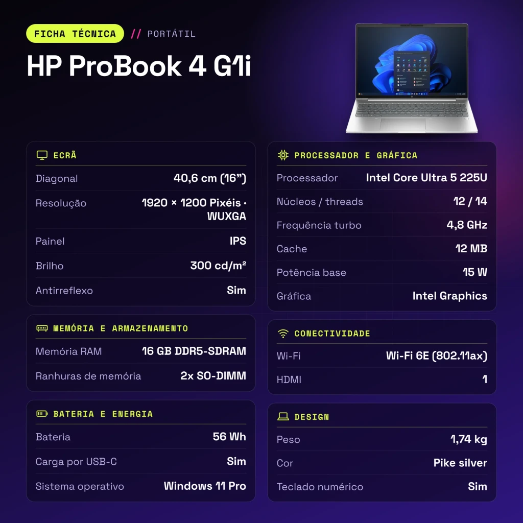 Portátil HP ProBook 4 G1i 16GB/512GB 16 polegadas IPS WUXGA Intel Core Ultra 5 225U SSD NVMe Windows 11 Pro Prata - características
