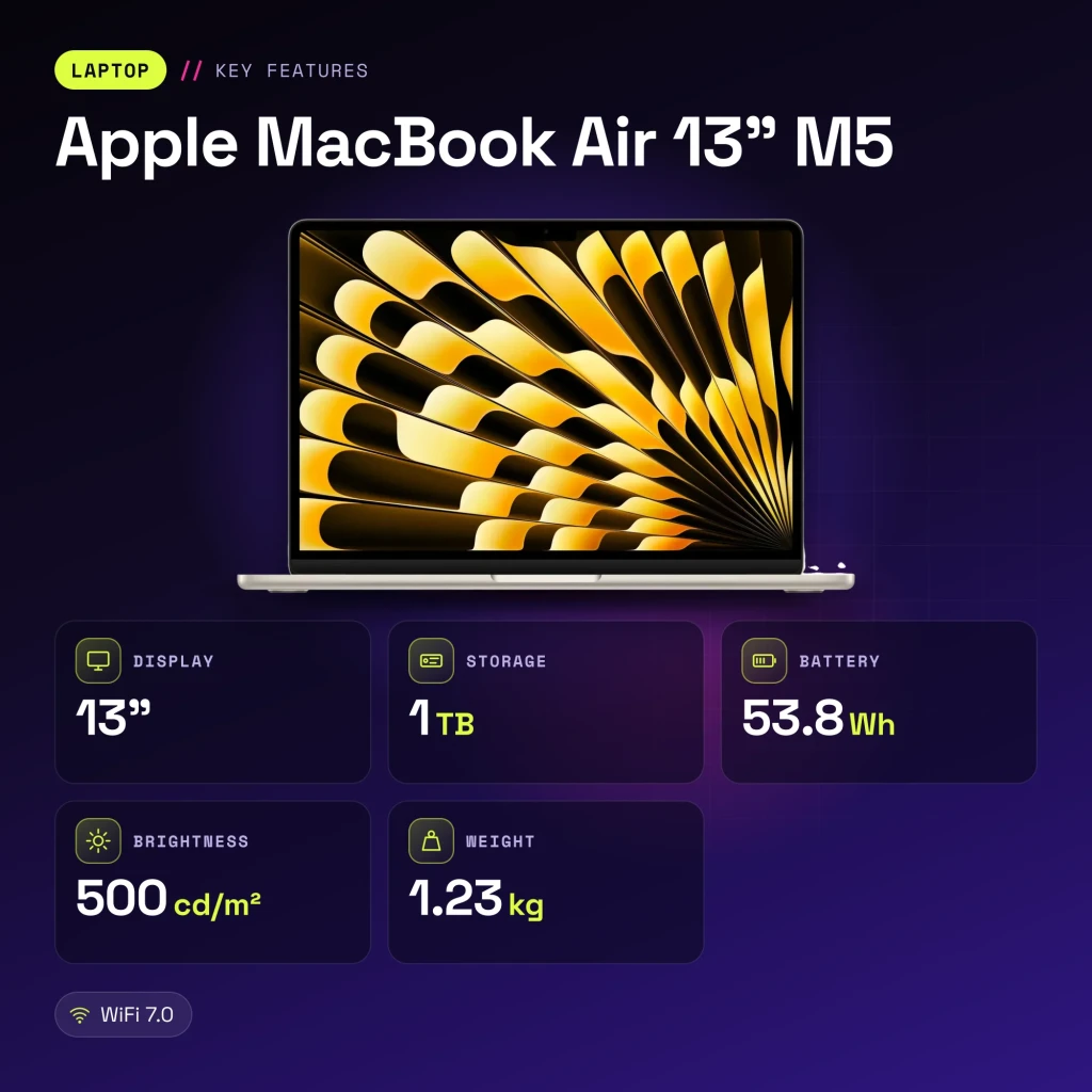 Portátil Apple MacBook Air 13 polegadas M5 16GB/1TB SSD 13,6 polegadas Liquid Retina macOS Tahoe Luz Estelar Estrelado - características