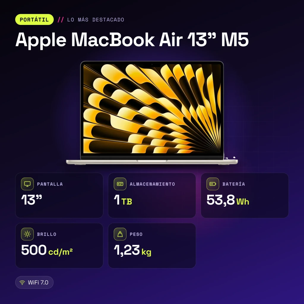 Portátil Apple MacBook Air 13 polegadas M5 16GB/1TB SSD 13,6 polegadas Liquid Retina macOS Tahoe Luz Estelar Estrelado - características