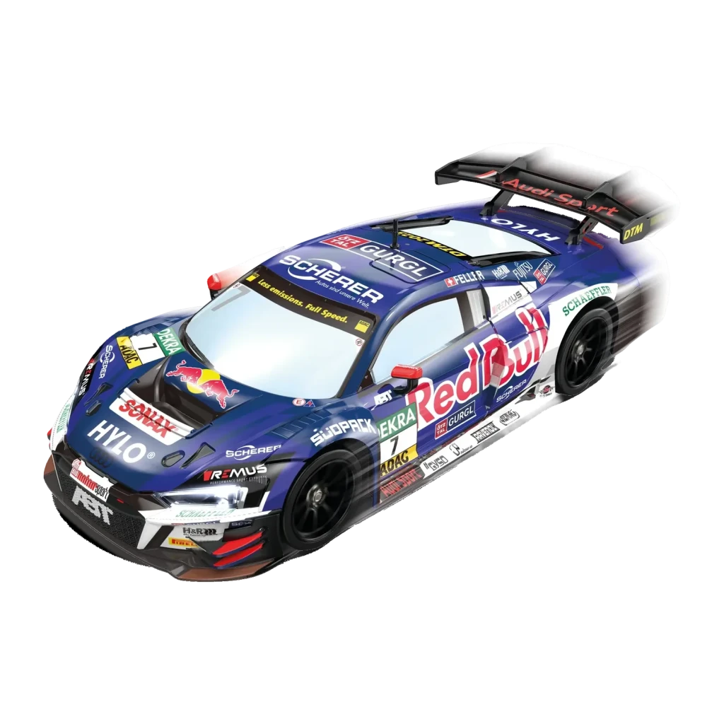 Voiture Carrera RC Audi R8 LMS GT3 Evo II Red Bull 1:16 18km/h 30min, vue diagonale avant: livrée bleue Red Bull numéro 7
