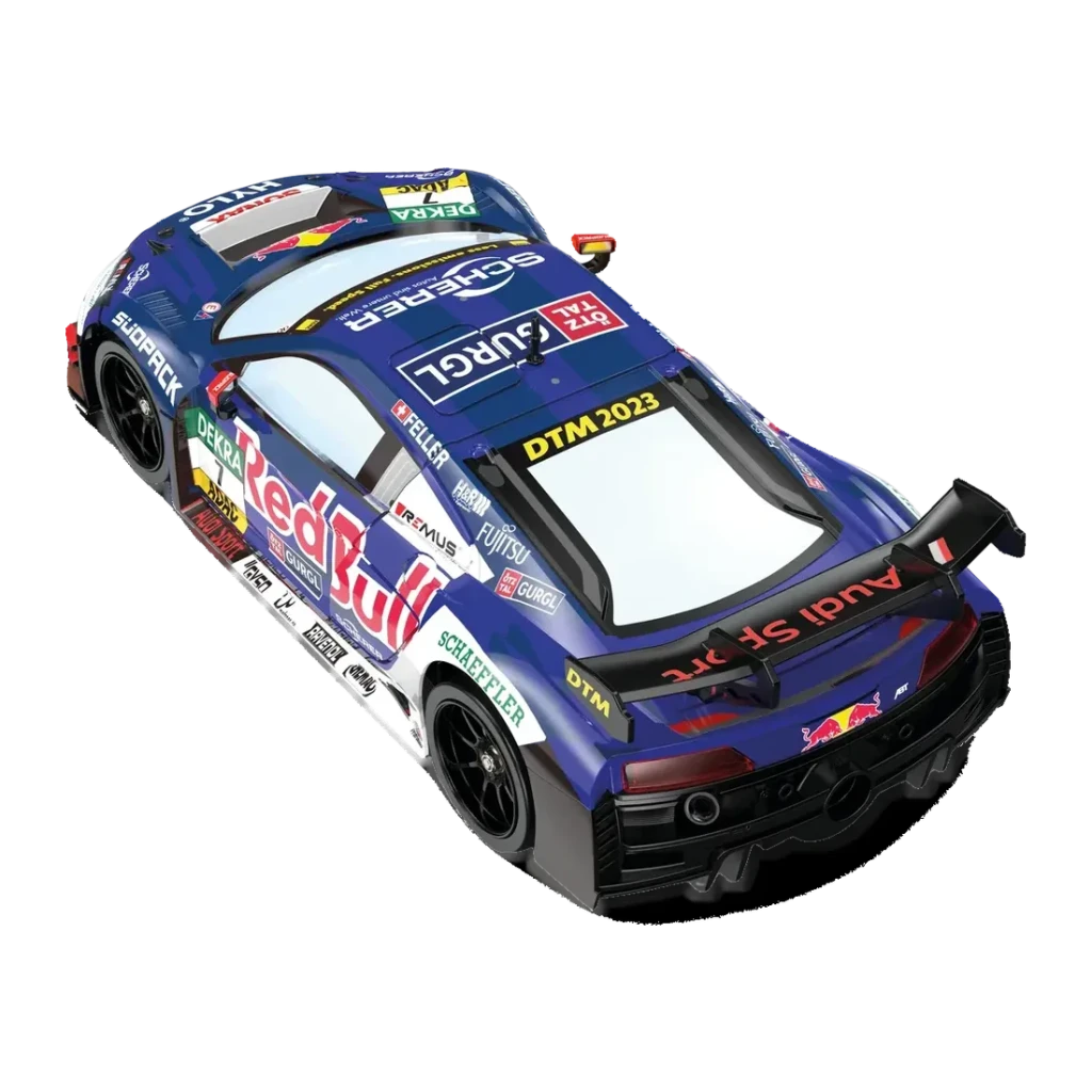 Voiture Carrera RC Audi R8 LMS GT3 Evo II Red Bull 1:16 18km/h 30min, vue arrière haute: aileron, diffuseur et livrée DTM