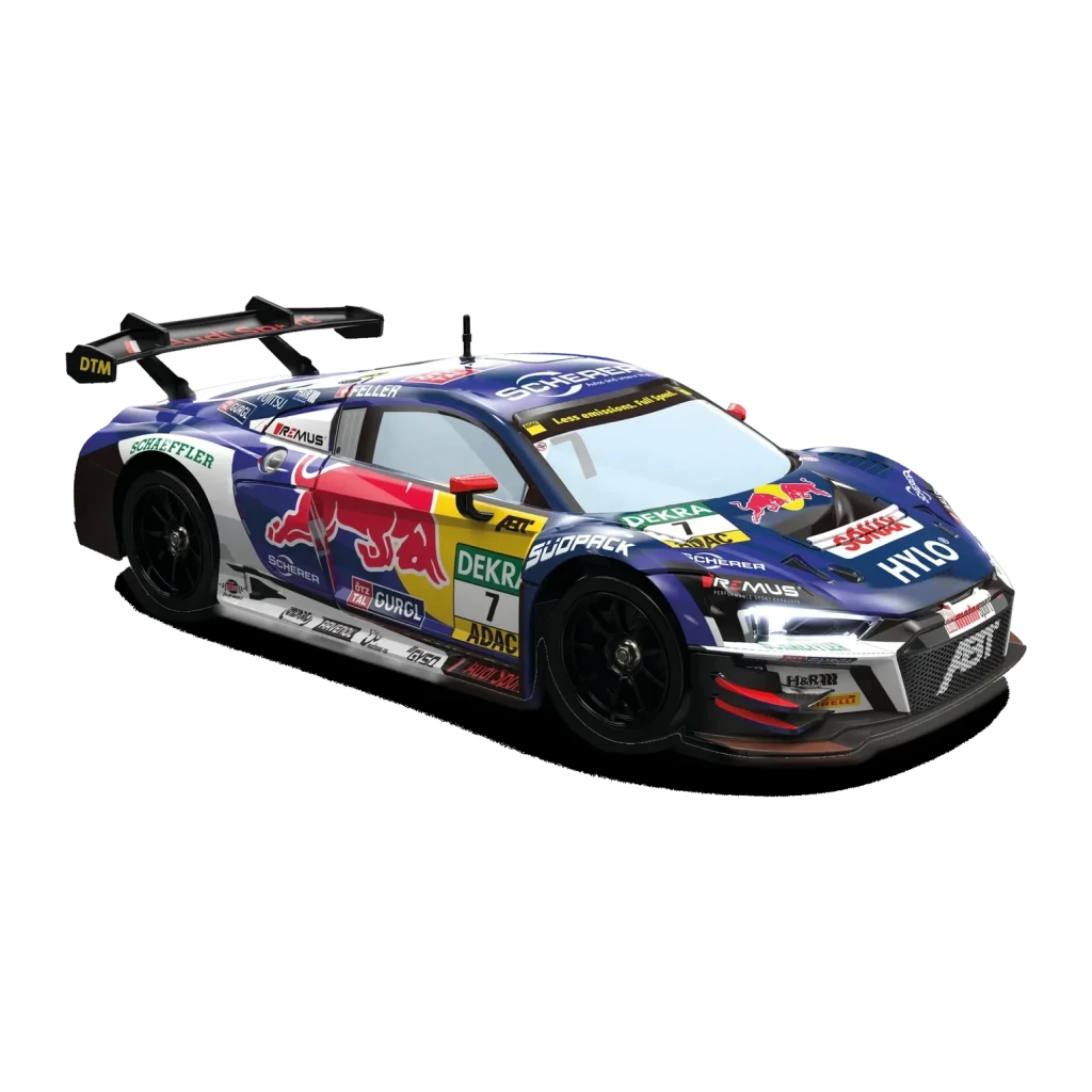Voiture Carrera RC Audi R8 LMS GT3 Evo II Red Bull 1:16 18km/h 30min, vue latérale-avant: livrée bleue et blanche avec logo