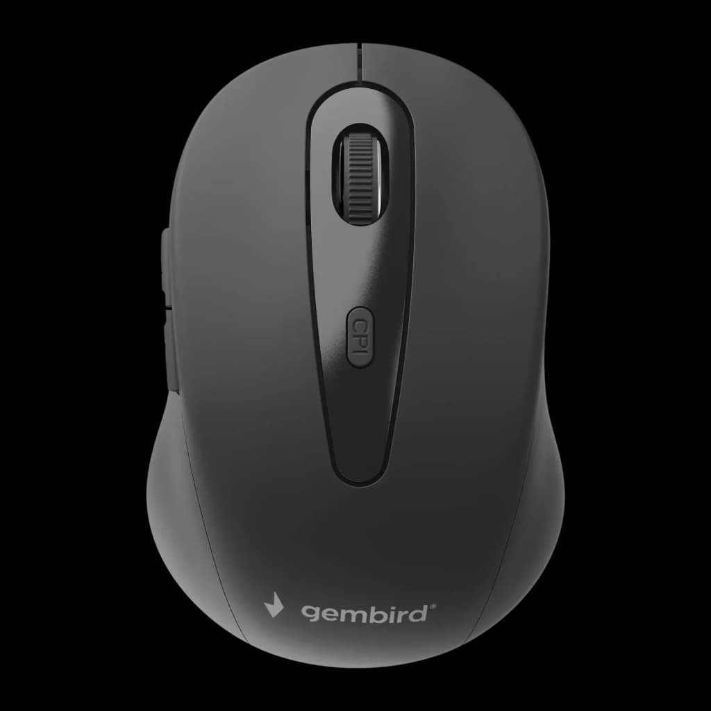 Rato Gembird Preto Bluetooth Ergonómico MUSWB-6B-01, vista superior: roda de scroll, botão CPI e logótipo Gembird visíveis