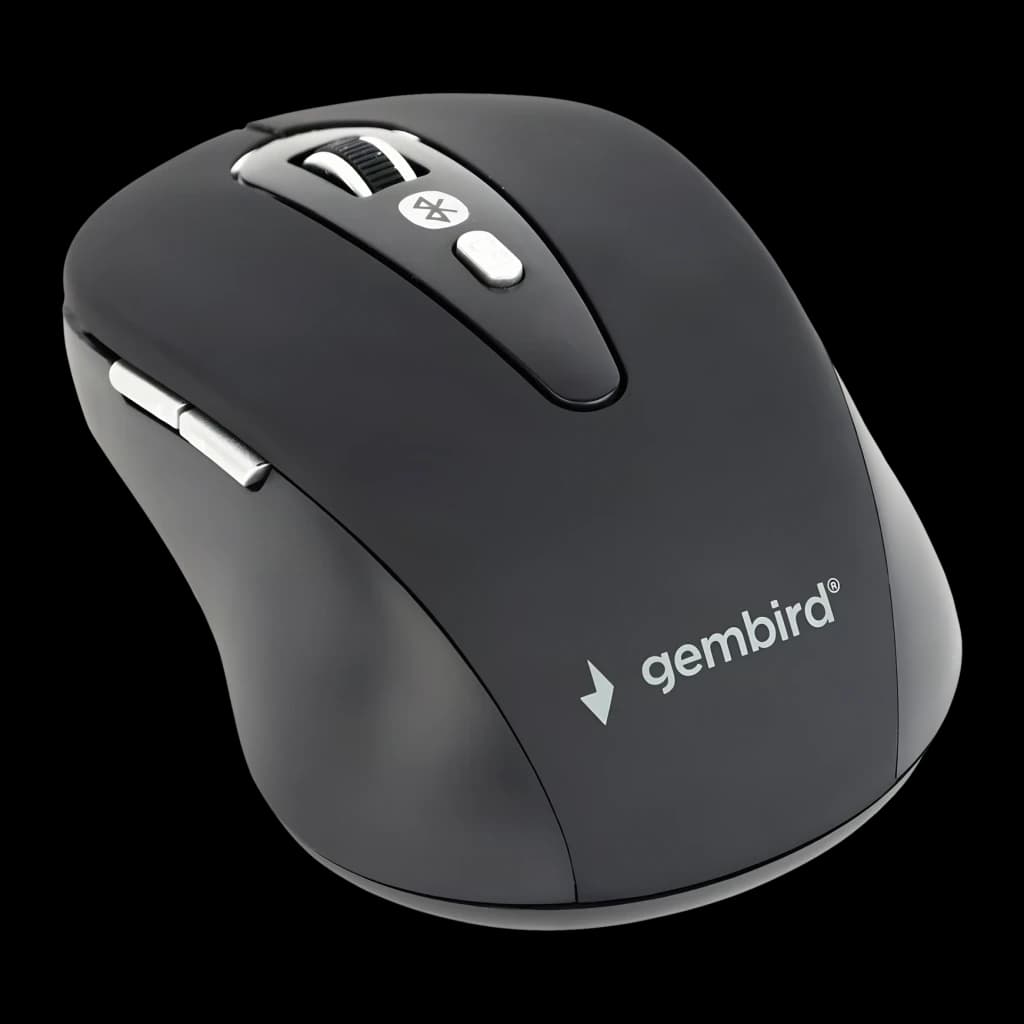 Rato Gembird Preto Bluetooth Ergonómico MUSWB-6B-01, vista superior: roda prateada, botão Bluetooth e botões laterais