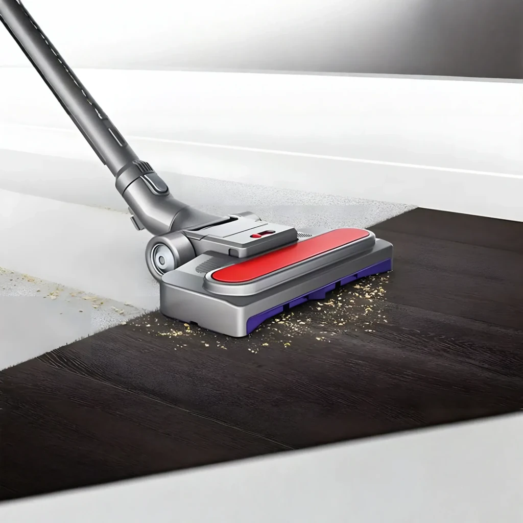 Aspiradora Dyson Big Ball Absolute 2 en uso: cabezal rojo y gris aspirando suciedad en suelo de madera oscura junto
