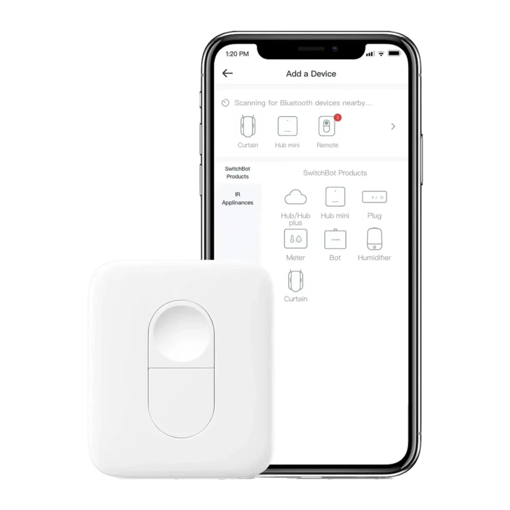 Mando a distancia inteligente SwitchBot Remote W0301700 Bluetooth 5.0, app: pantalla Add a Device con dispositivo