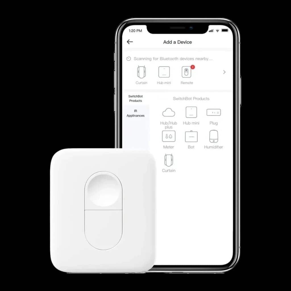 Mando a distancia inteligente SwitchBot Remote W0301700 Bluetooth 5.0, app: pantalla Add a Device con dispositivo