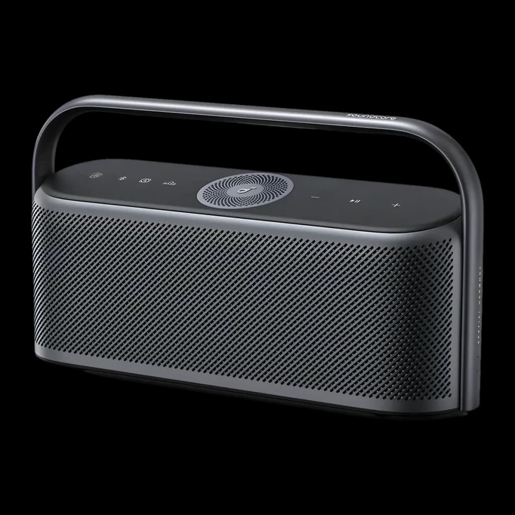 Altavoz portátil Anker Soundcore Motion X600 IPX7 50W 12h Gris, vista en perspectiva: asa metálica, rejilla frontal