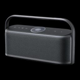 Altavoz portátil Anker Soundcore Motion X600 IPX7 50W 12h Gris, vista en perspectiva: asa metálica, rejilla frontal