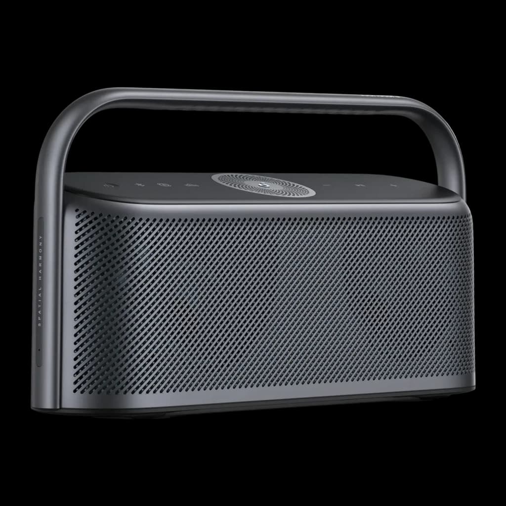Altavoz portátil Anker Soundcore Motion X600 IPX7 50W 12h Gris, vista lateral: asa integrada, rejilla frontal perforada