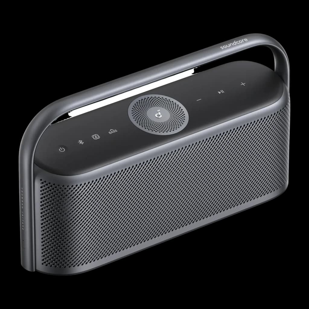Altavoz portátil Anker Soundcore Motion X600 IPX7 50W 12h Gris, vista superior en ángulo: asa, panel táctil y rejilla frontal