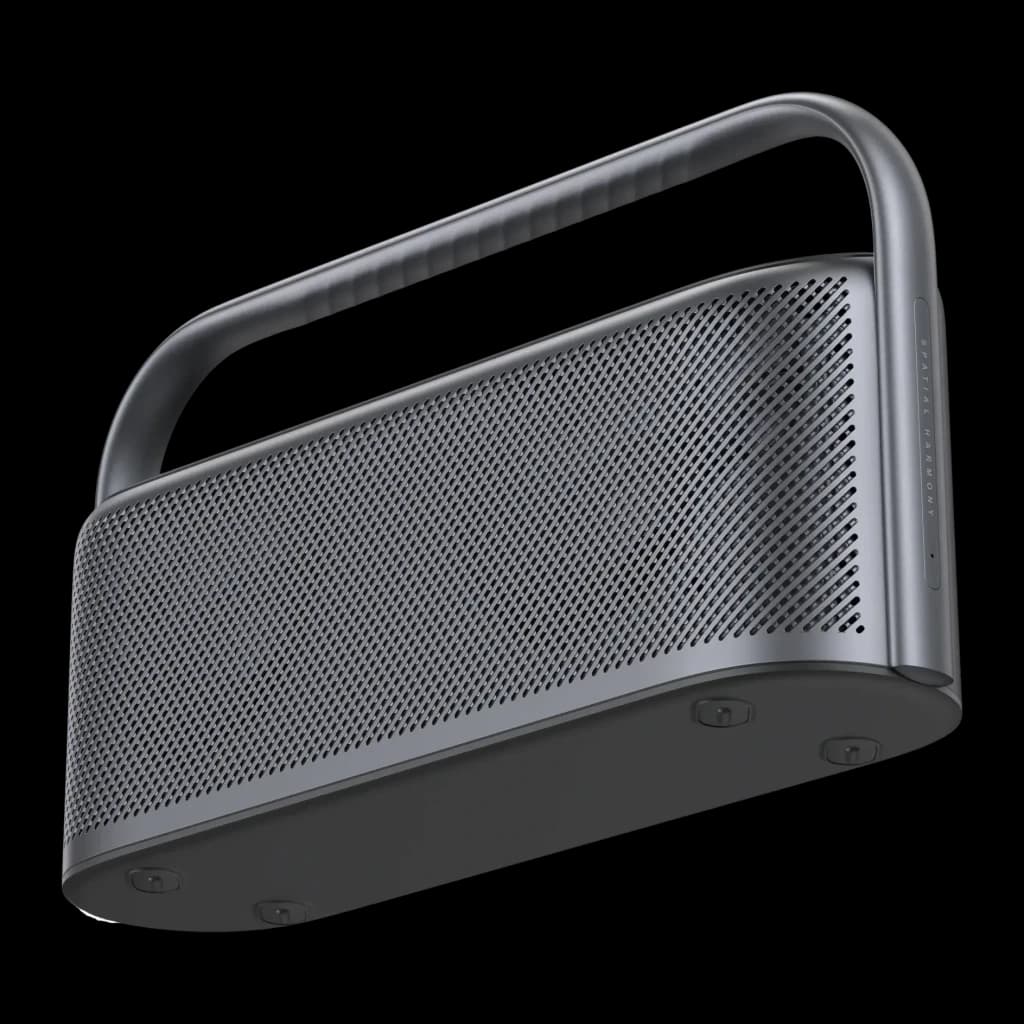 Altavoz portátil Anker Soundcore Motion X600 IPX7 50W 12h Gris, vista frontal en ángulo: rejilla metálica y asa superior