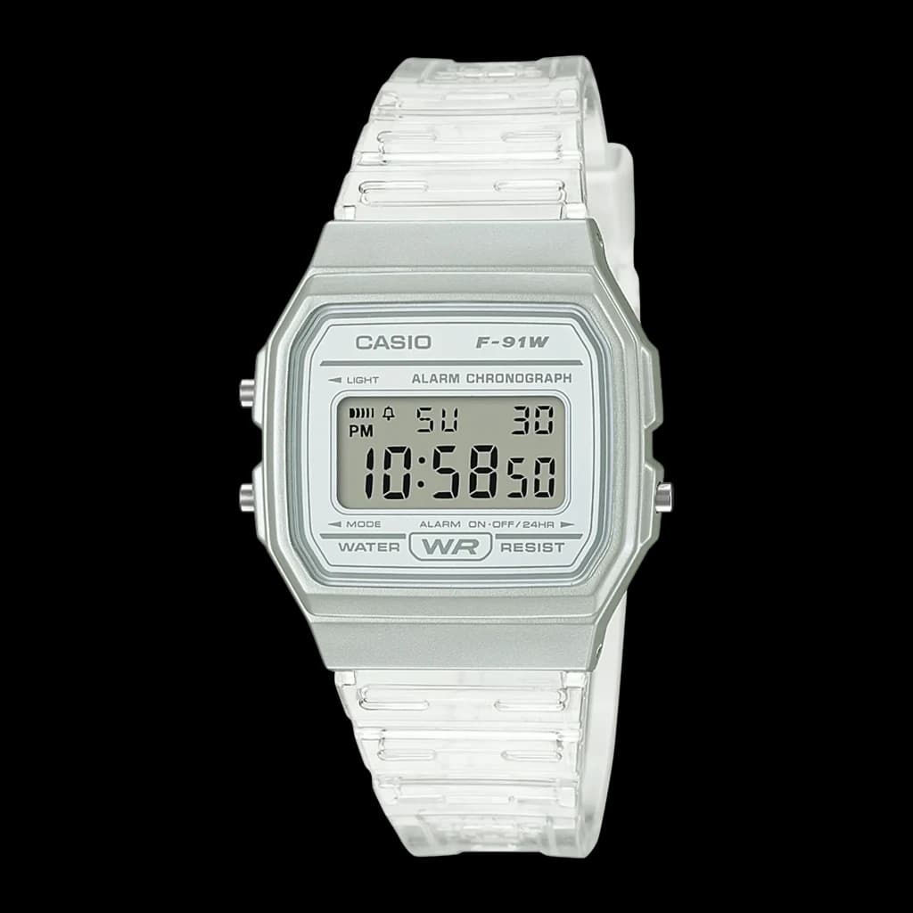 Casio F-91WS-7 Collection Argenté/Blanc Batterie 7 Ans Résistante à l'eau, vue de face: boîtier argenté, bracelet