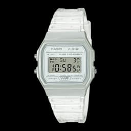 Casio F-91WS-7 Collection Argenté/Blanc Batterie 7 Ans Résistante à l'eau, vue de face: boîtier argenté, bracelet