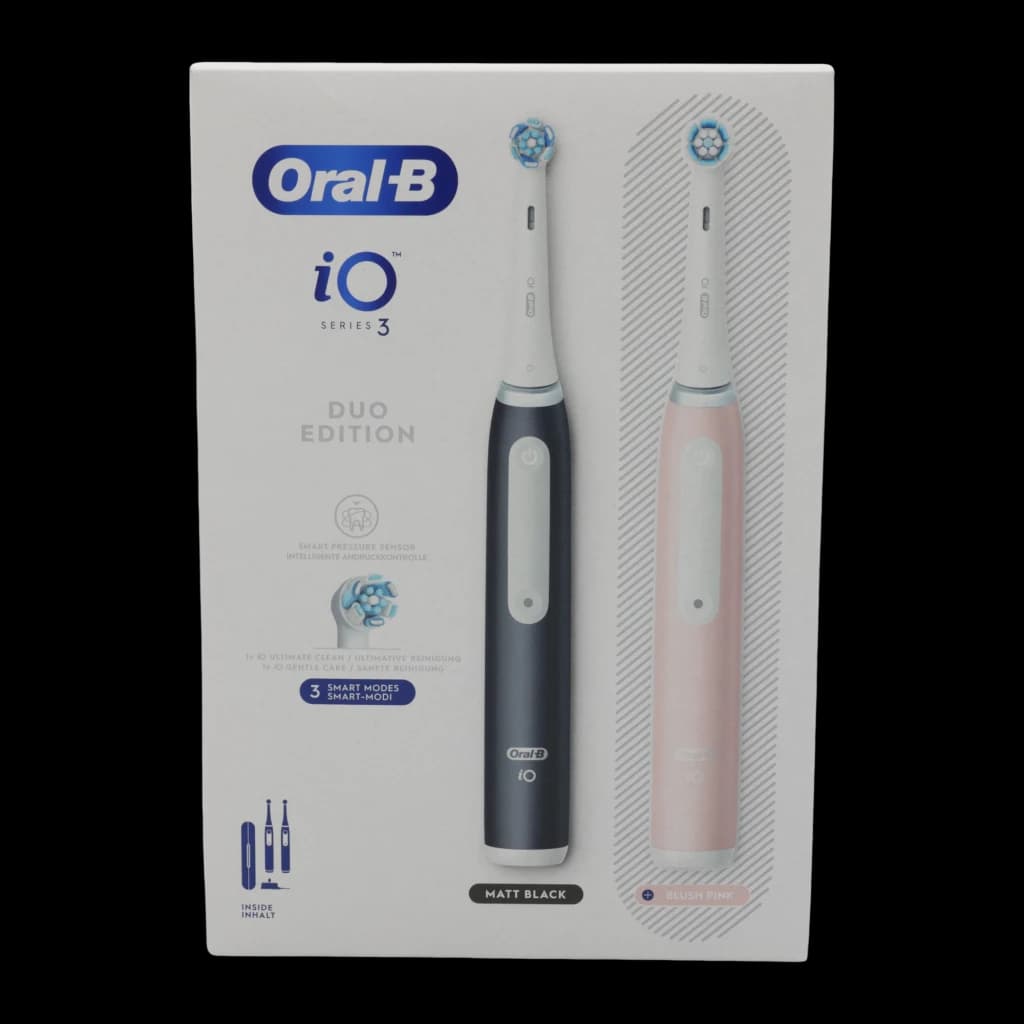 Brosse à dents électrique Oral-B iO Series 3 Pack Duo Sonique Batterie lithium Noir Mat/Rose, boîte face avant: deux brosses