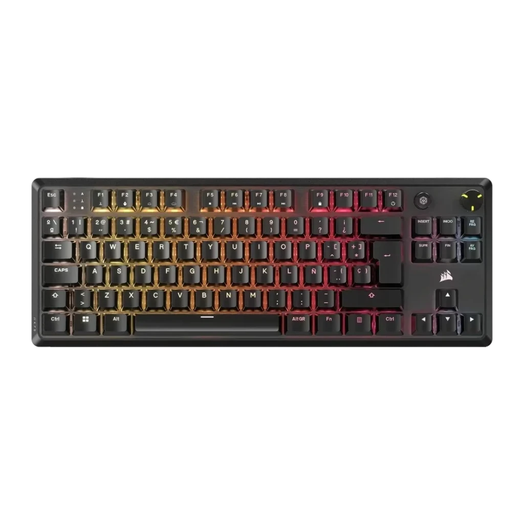 Teclado Gaming Corsair K70 CORE TKL Mecánico MLX Red RGB Negro, vista superior: retroiluminación RGB degradado amarillo