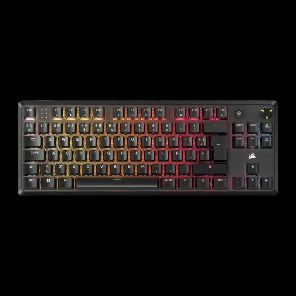 Teclado Gaming Corsair K70 CORE TKL Mecánico MLX Red RGB Negro, vista superior: retroiluminación RGB degradado amarillo
