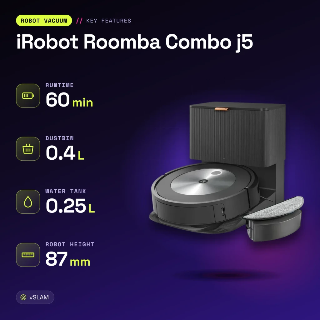 Robot aspirador iRobot Roomba Combo j5 Antracite vSLAM Esfregador Esvaziamento Automático - características