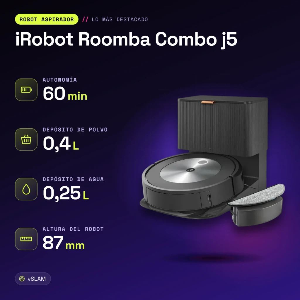 Robot aspirador iRobot Roomba Combo j5 Antracite vSLAM Esfregador Esvaziamento Automático - características