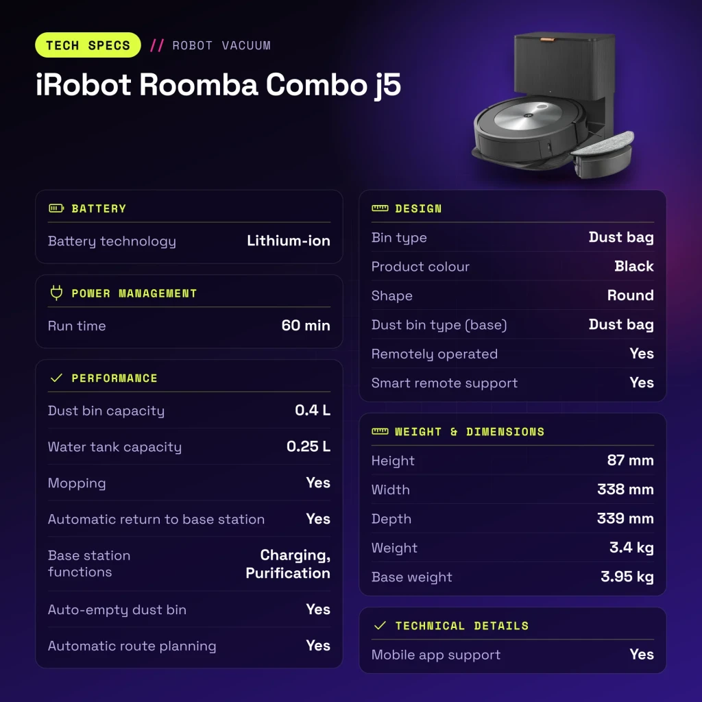Robot aspirador iRobot Roomba Combo j5 Antracite vSLAM Esfregador Esvaziamento Automático - características