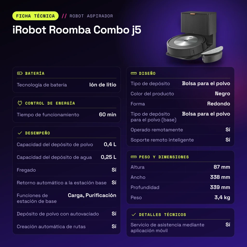 Robot aspirador iRobot Roomba Combo j5 Antracite vSLAM Esfregador Esvaziamento Automático - características