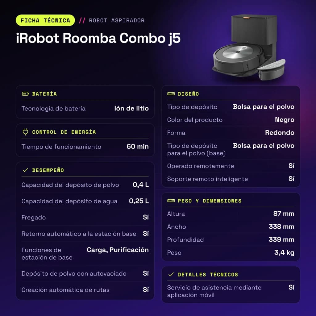 Robot aspirador iRobot Roomba Combo j5 Antracite vSLAM Esfregador Esvaziamento Automático - características