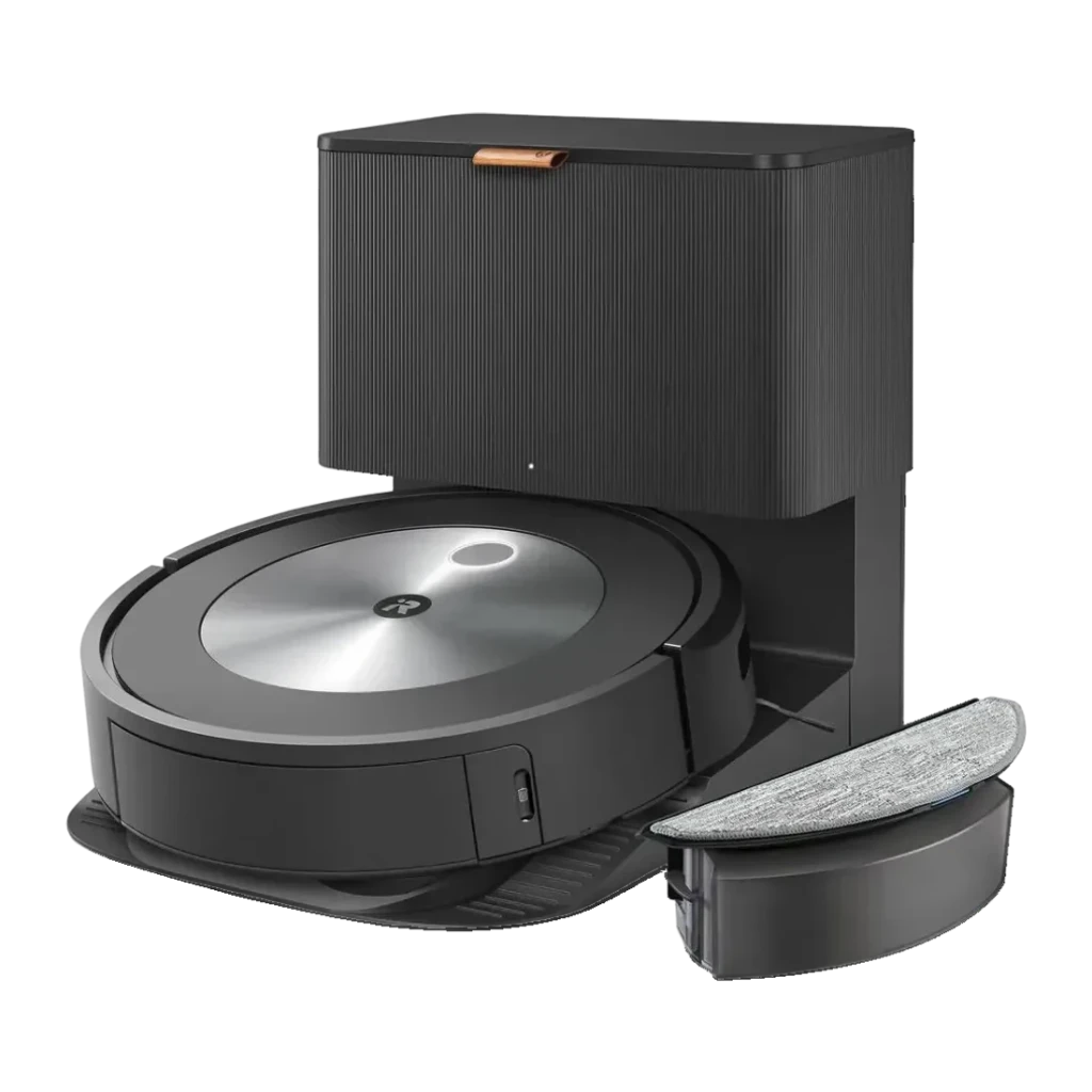Robot aspirador iRobot Roomba Combo j5 Antracite vSLAM Esfregador Esvaziamento Automático, vista frontal em ângulo: robô