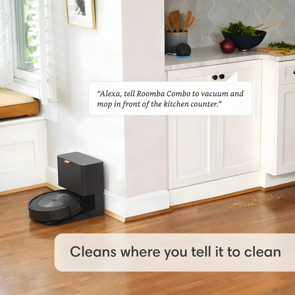 Robot aspirador iRobot Roomba Combo j5 Antracite vSLAM Esfregador Esvaziamento Automático, cena cozinha: robô na base