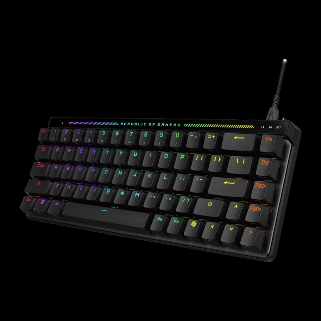Teclado Gaming ASUS ROG Falchion Ace 75 HE Hall Effect Magnético Espanhol ISO Preto, vista em perspectiva: retroiluminação