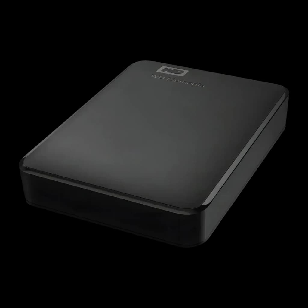 Disque dur externe WD Elements Portable 6To USB 3.2 Gen 1 Noir WDBHJS0060BBK, vue en perspective: dessus avec logo WD