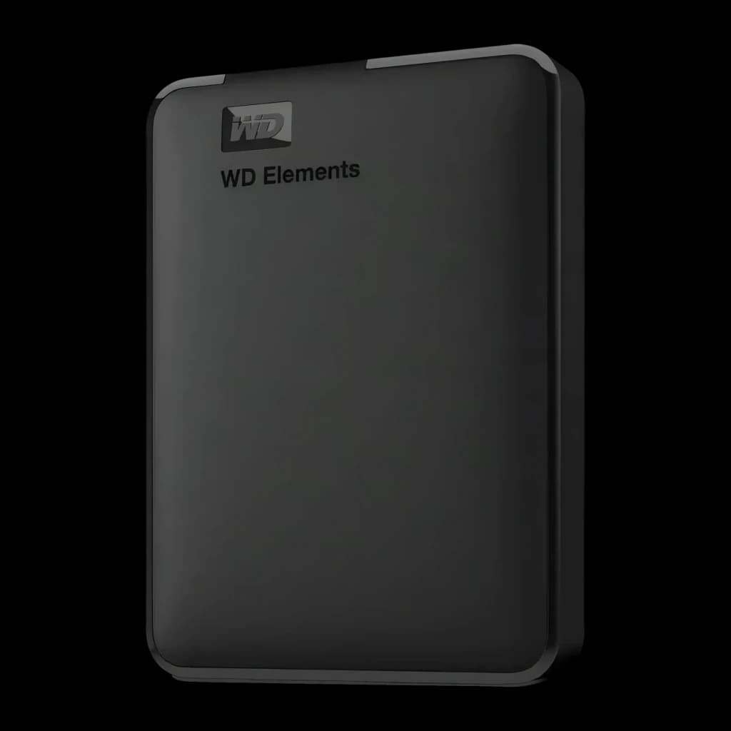 Disque dur externe WD Elements Portable 6To USB 3.2 Gen 1 Noir WDBHJS0060BBK, vue en angle: boîtier mat avec logo WD en haut