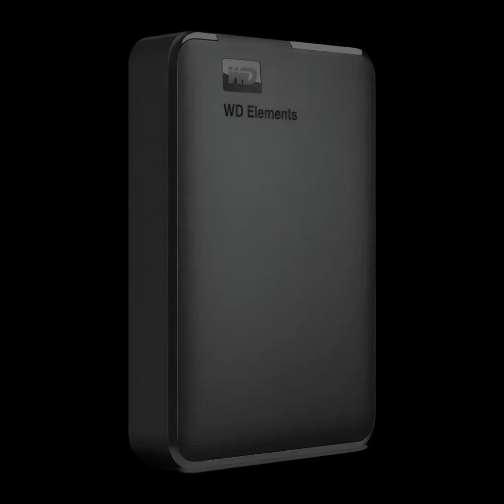 Disque dur externe WD Elements Portable 6To USB 3.2 Gen 1 Noir WDBHJS0060BBK, vue en angle: face et côté avec logo WD visible