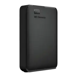 Disque dur externe WD Elements Portable 6To USB 3.2 Gen 1 Noir WDBHJS0060BBK, vue en angle: face et côté avec logo WD visible