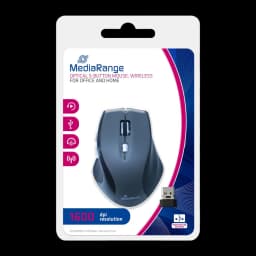 Rato MediaRange Preto/Cinzento Sem Fios Ergonómico MROS203, embalagem frontal: caixa com rato, receptor USB e especificações