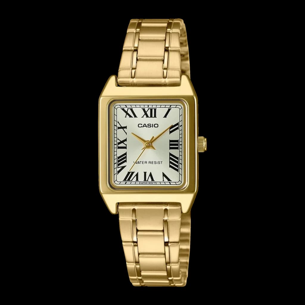 Casio LTP-V007G-9BUDF Acier inoxydable Montre femme 22mm, vue de face: boîtier rectangulaire doré, cadran argenté